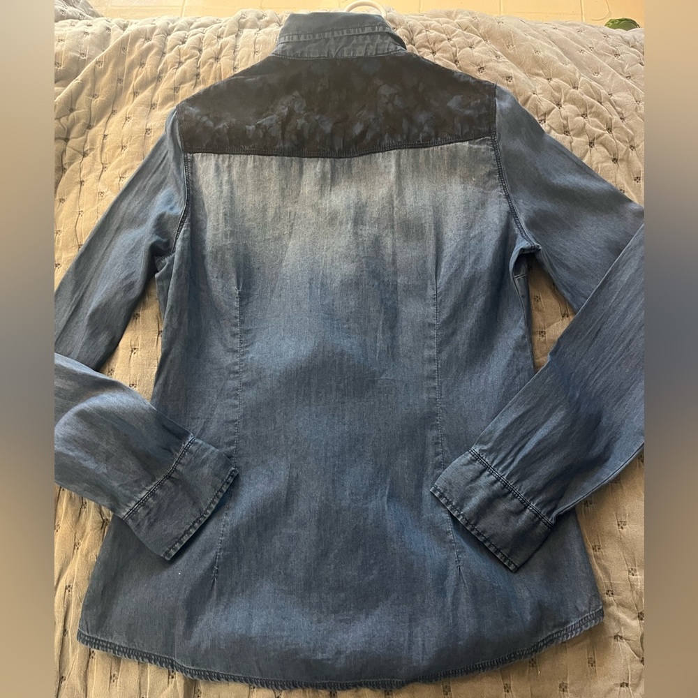 boom boom jeans clip on button shirt with black lace top sz M - Picture 10 of 12